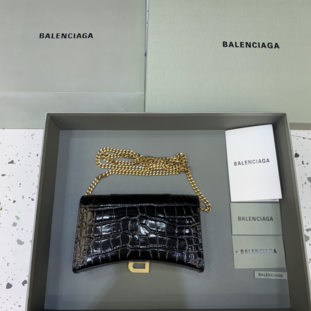 Balenciaga Small Hourglass Wallet With Chain Crocodile Embossed Shoulder Bag Black